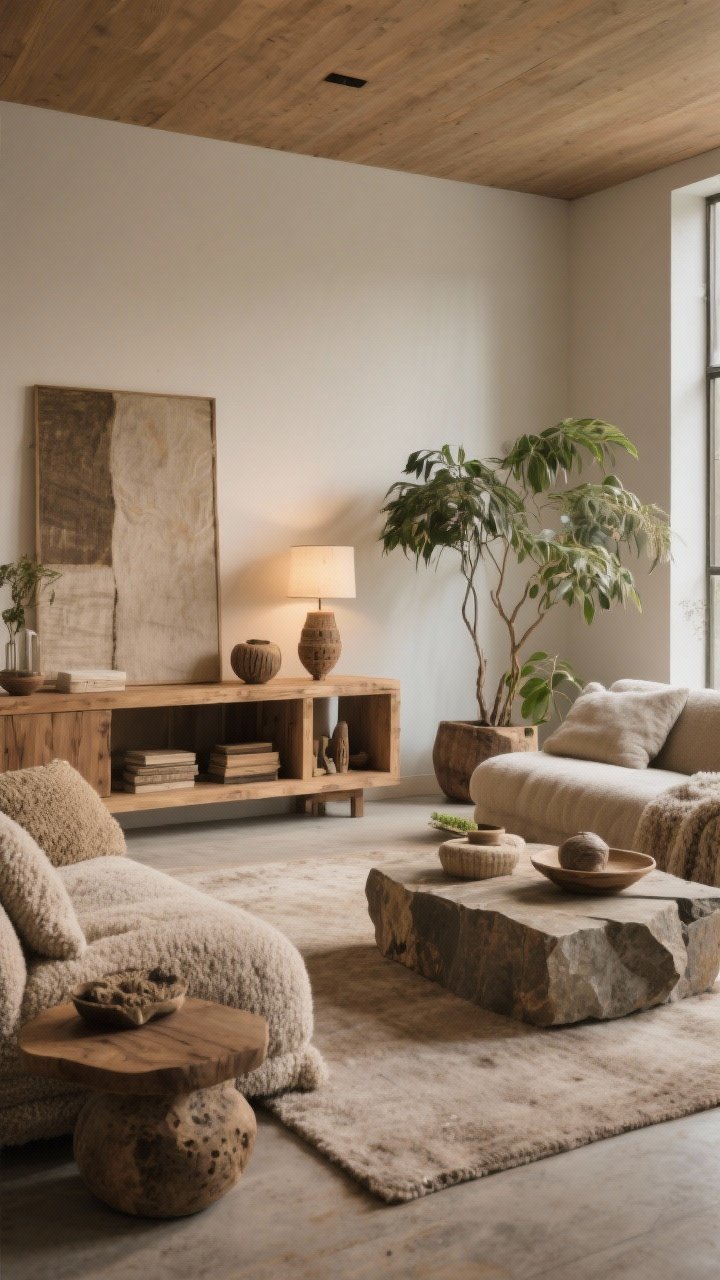Wide shot of the finished organic modern living room (conclusion synthesis): clean lines, calm earthy palette, layered natural textures (wood, stone, linen, bouclé), minimal but impactful styling with a few handmade pieces. Balanced, edited composition with warm, layered lighting and sculptural greenery. Photorealistic, cozy, timeless ambiance.