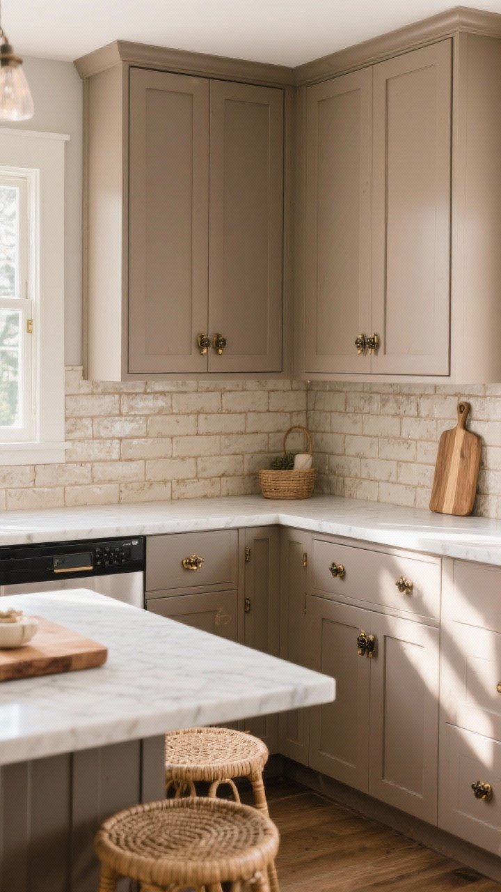 Wide shot of warm taupe cabinets with a greige-leaning undertone for modern farmhouse vibes; textured handmade tile or beadboard backsplash adding dimension; black or antique brass hardware (choose one consistently on cabinets); creamy warm white quartz counters to keep brightness; woven elements like a pair of counter stools and a wood cutting board; soft afternoon natural light; friendly, lived-in styling; corner angle.