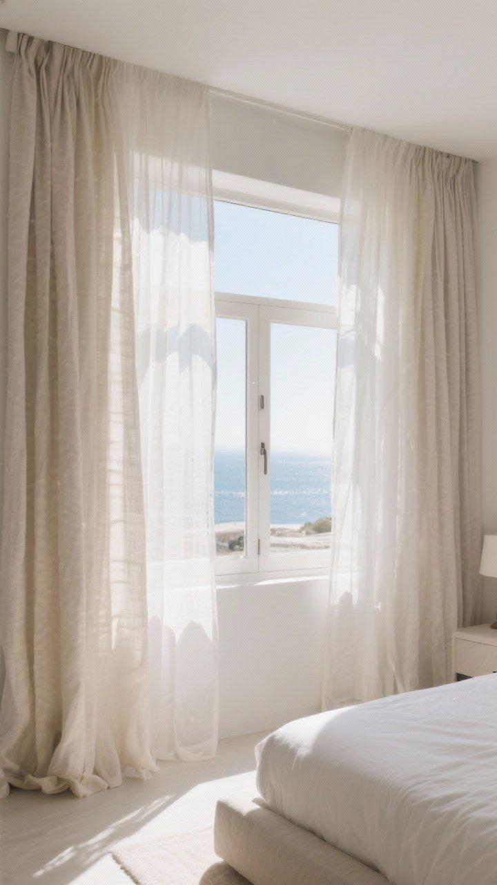 Wide shot of windows dressed in breezy, light curtains: sheer linen or cotton voile panels hung high and wide to elongate the room; palette in soft white or sandy beige; optional linen-lined blackout curtains layered behind; sunlight diffusing through fabric to create a sunlit glow that suggests a coastal view; uncluttered bedroom edges visible; photorealistic