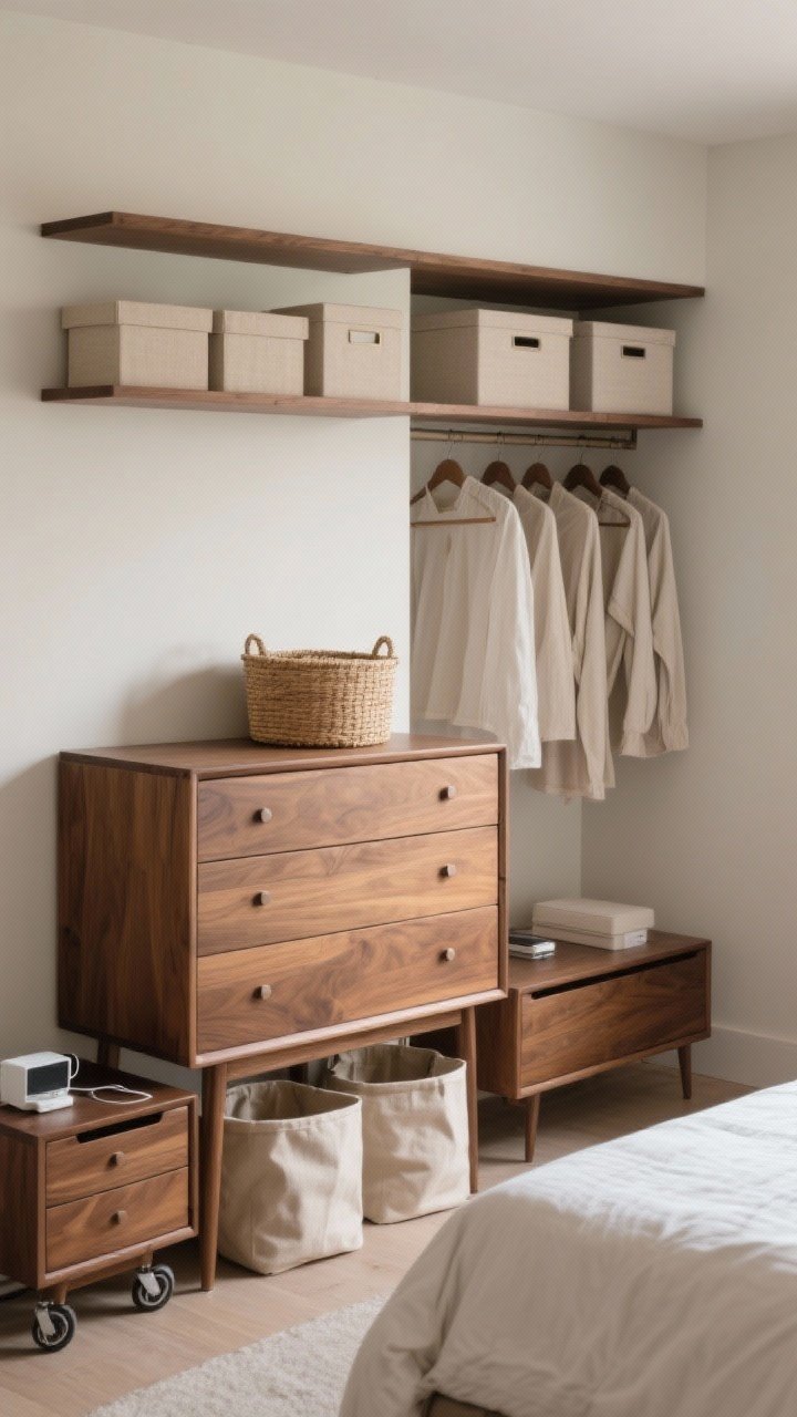 Wide shot showcasing calm, closed storage: a walnut dresser with soft edges and minimal hardware, paired with 1–2 drawer nightstands to conceal charging clutter; natural lidded baskets under the bed and rolling canvas bins partially visible; closet shelves with matching linen-look boxes and uniform hangers; tidy, intentional composition under soft ambient light.