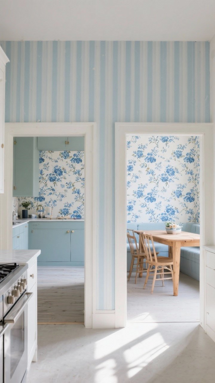 Wide shot showing two coordinating wallpapers: pinstripes in soft blue in the main kitchen and a ditsy blue floral in the adjacent eat-in nook, both in the same palette. The transition defines zones while feeling cohesive. Simple wood dining table in the nook; the kitchen maintains clean lines. Natural afternoon light, balanced and inviting. Straight-on view capturing both spaces, photorealistic.