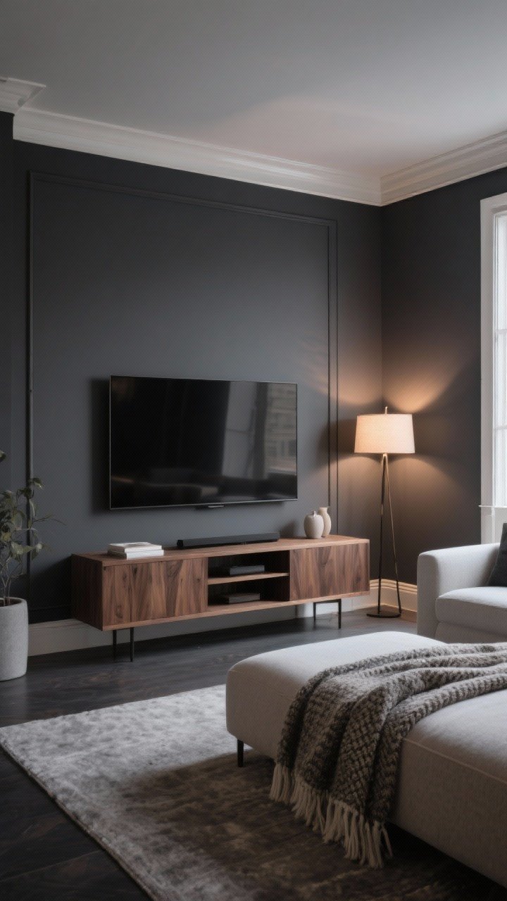 Wide shot: Sleek charcoal gray living room (deep tones like Iron Ore or Cheating Heart) with crisp white trim creating contrast; modern, sophisticated vibe featuring warm wood media console, cozy textured throw, and soft layered lighting from a shaded table lamp; light furnishings to lift the palette; optional one-wall accent treatment visible; photographed straight-on in evening lamp light to feel inviting.