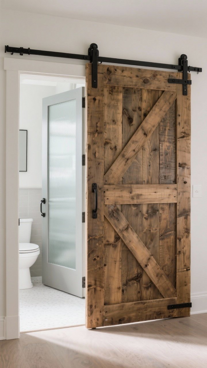 Wide shot: Sliding barn door entrance to a bathroom—reclaimed wood planks with quiet, high-quality matte black glide hardware; inside glimpse of frosted glass panel option on a secondary door. Clean baseboards, soft shadows, space-saving farmhouse character.