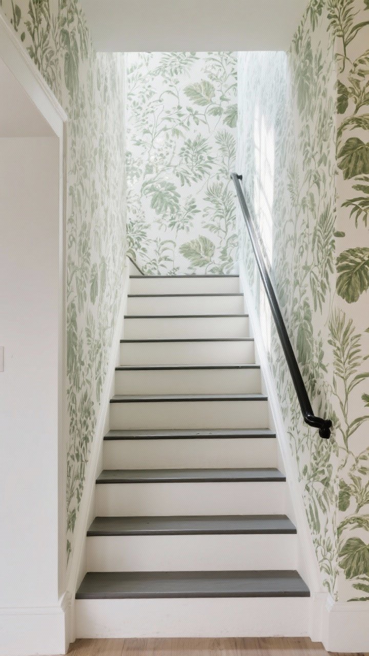 Wide shot: Stairwell wrapped in large-scale botanical wallpaper in muted greens and soft ivory, balanced by a simple, neutral stair runner. Matte black handrail and white risers for contrast. Wipeable vinyl finish visible with a gentle sheen. Morning light washes the patterns, airy mood, photorealistic.