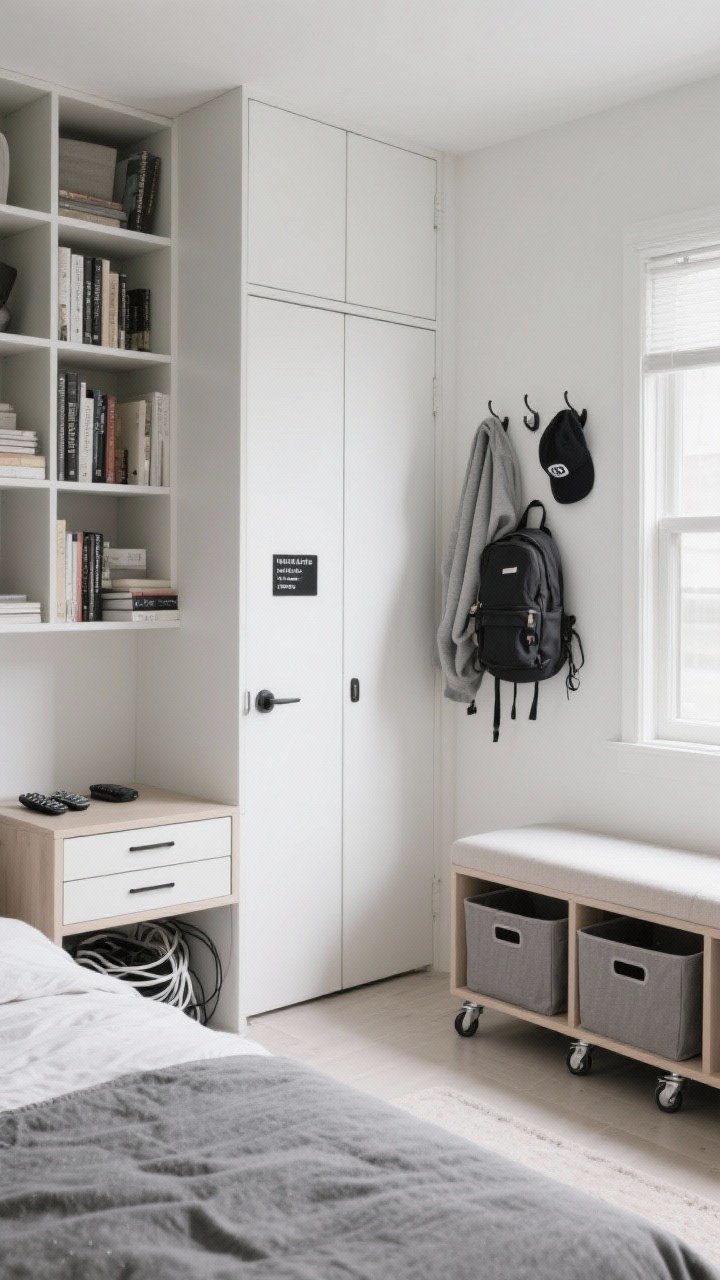 Wide shot: Storage that doesn’t look like storage—closed cabinet bookcase with smooth doors, a bedside table with drawers hiding remotes and cables, under-bed bins partially tucked away, rolling crates under a window seat, and wall hooks behind the door holding hoodies, backpack, and hats. Simple black-and-white labels visible. Calm, organized mood.