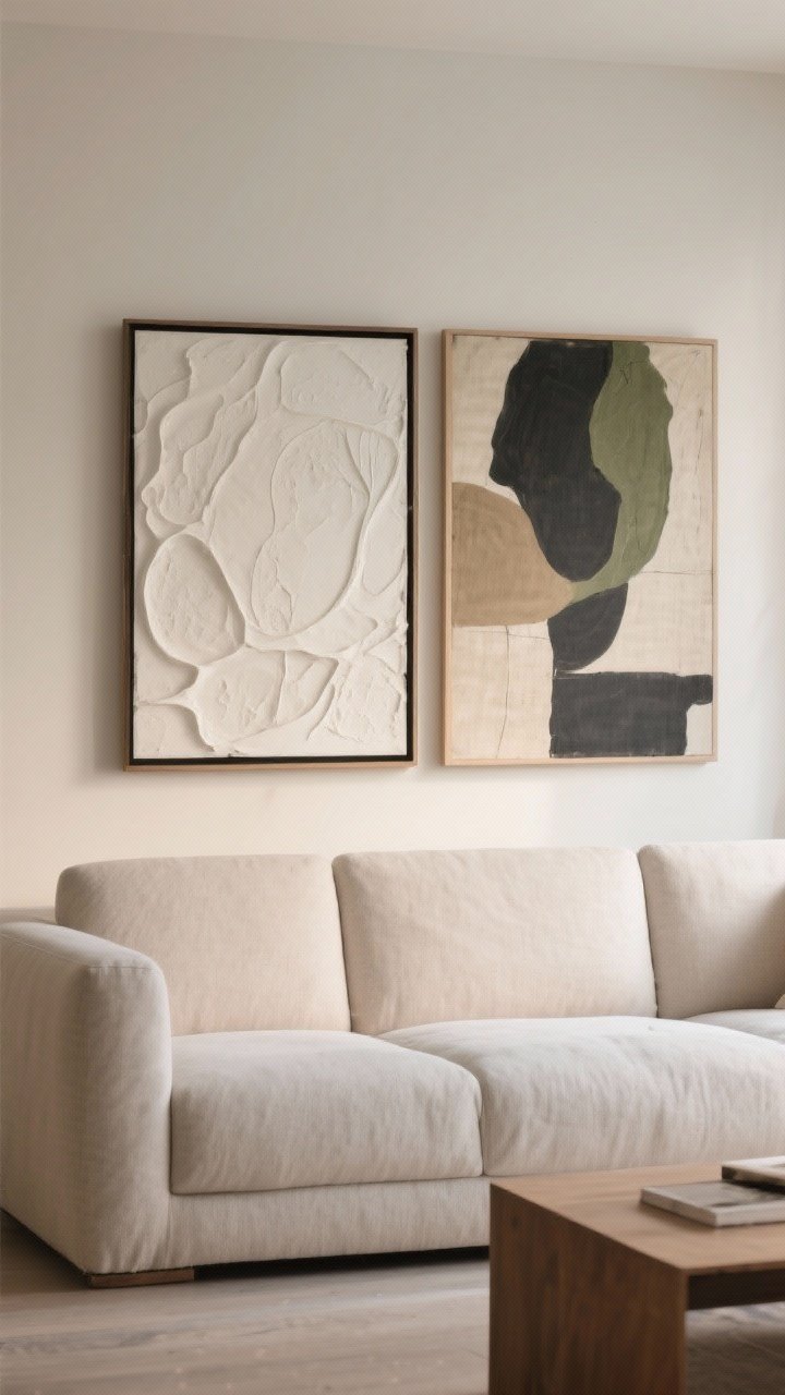 Wide shot, straight-on of calm, modern art over a sofa: one large abstract piece or a tight diptych in muted tones (warm white, sand, charcoal, moss). Minimal frames in thin wood or black metal. Include subtle texture—linen backing or a plaster relief adjacent. Even, warm lighting that feels like a deep breath, no visual clutter.