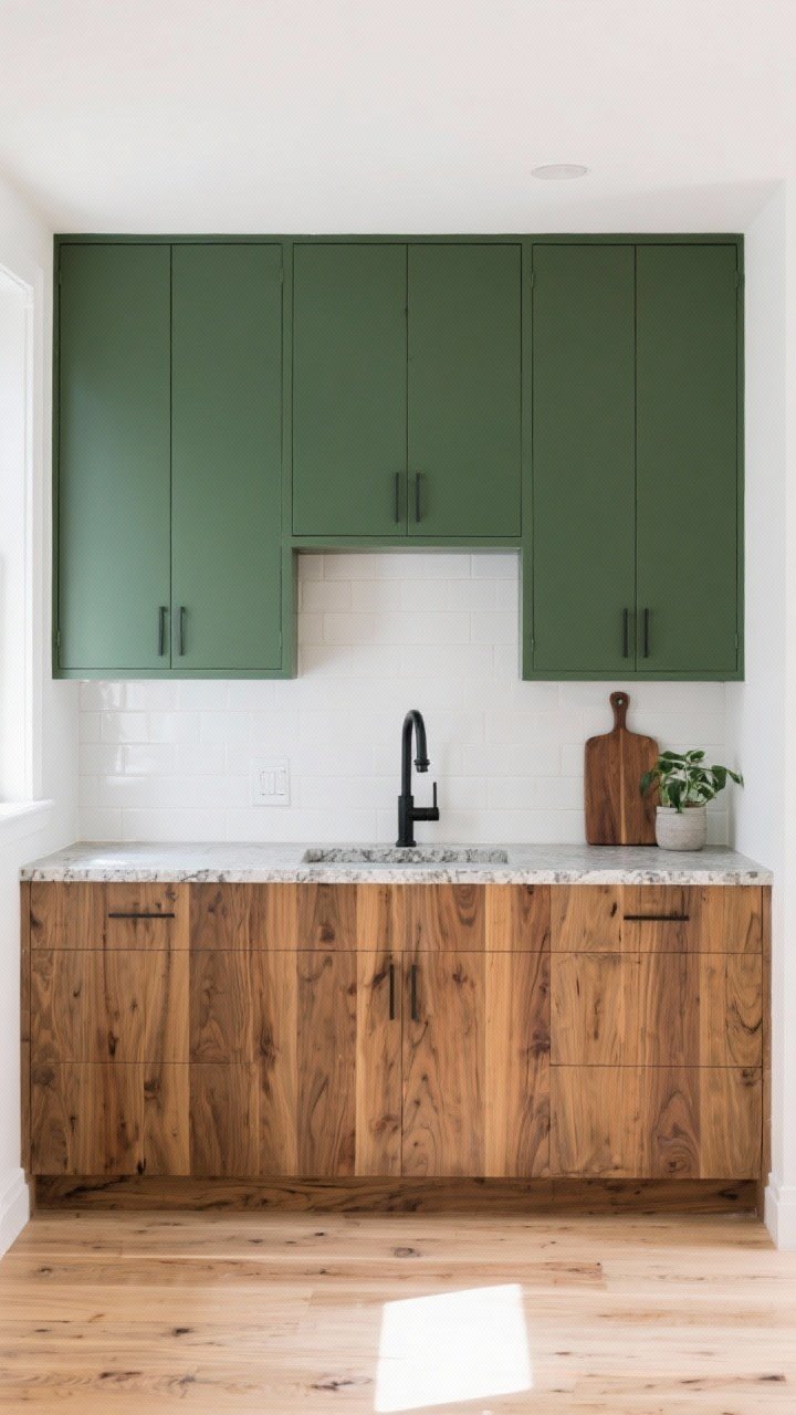 Wide shot, straight-on, showcasing wood + paint: rift-sawn oak lowers (medium wood tone, clean straight grain) with painted uppers in deep green, balanced by white walls; light wood floors in a contrasting tone to the lowers; matte black hardware, honed stone countertop, and a simple white ceramic backsplash; include a walnut cutting board and a plant for warmth; soft afternoon light.