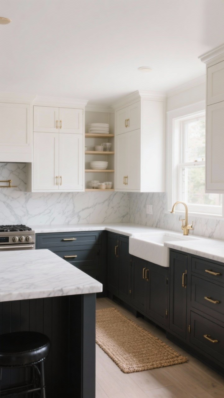Wide shot, straight-on view of a bright kitchen with dark lower cabinets and light uppers: charcoal lowers paired with warm white uppers, matte finish on lowers to hide scuffs, satin on uppers; repeat the darker tone on a matching charcoal island base and black hardware; soft morning natural light through a window, honed marble-look quartz counters and a subtle soft gray backsplash; include brushed brass pulls and a woven runner for warmth, airy feel with open shelving sparingly styled.