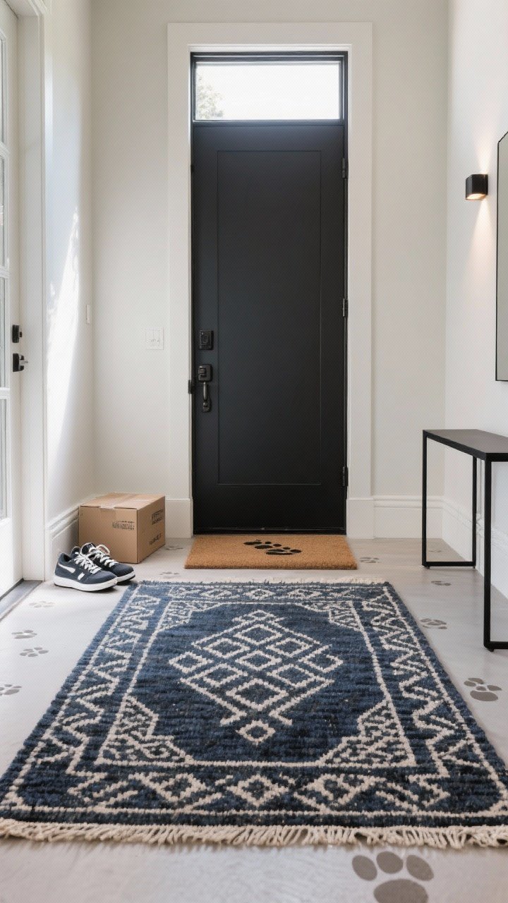 Wide shot, straight-on view of a modern entryway in a neutral home featuring a low-pile, stain-resistant indoor/outdoor Moroccan or Persian-inspired rug with a dark base (charcoal/navy) and mid-scale geometric pattern; show sneakers near the door, faint paw prints on the mat outside, and a delivery box by a console to imply high traffic; clean baseboards, black metal console, matte black door hardware; soft natural daylight from sidelights; emphasis on the rug’s camouflaging pattern and easy-to-vacuum flatweave texture.