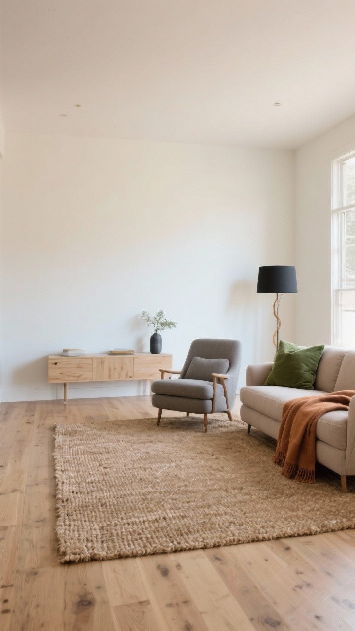 Wide shot, straight-on view of an organic modern living room showcasing a calm, earthy color base: warm white walls (creamy, non-blue), light oak floors, a pale hickory console, and a large textured jute rug. Layer muted tones—soft taupe sofa, stone gray armchair, clay-colored throw, and moss green cushions—plus subtle charcoal accents. Natural daylight, soft and even, emphasizing a serene, whisper-quiet palette.