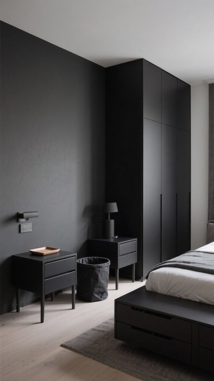 Wide shot: Streamlined storage—black painted built-ins and a full-height black wardrobe matching the matte wall tone to visually disappear; floating black nightstands keep the floor open; underbed drawers in a dark finish; a simple catchall tray atop a nightstand and a closed dark hamper tucked neatly; calm, clutter-free mood with even, low-glare lighting.