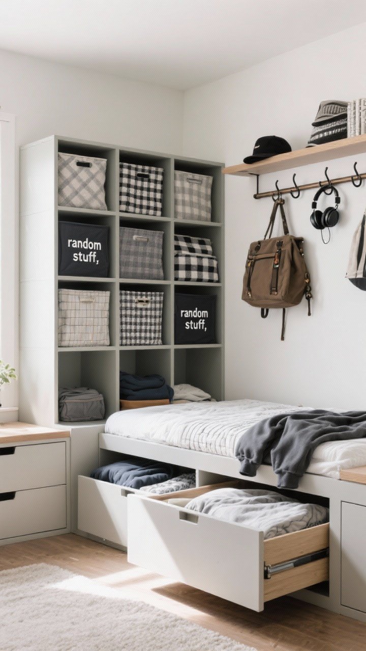 Wide shot: Style-forward storage—open cube shelves with coordinated fabric bins labeled for seasonal swaps and “random stuff,” underbed drawers slightly pulled to show extra bedding and hoodies, and a wall rail with hooks holding bags, hats, and headphones; mix open and closed storage for balance; clean daylight for a tidy, intentional look.