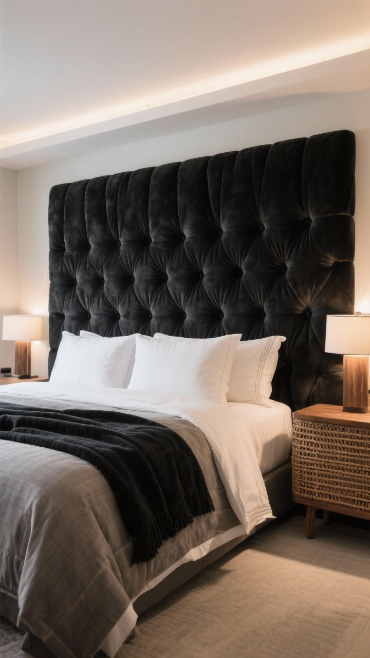 Wide shot: The bed as sculpture—a statement channel-tufted black velvet headboard stretching wall-to-wall; bedding layered in ivory, oatmeal, and smoky gray with one bold, dark throw; alternative textures include basketweave wood nightstands; soft, indirect lighting for hotel-luxe ambiance.