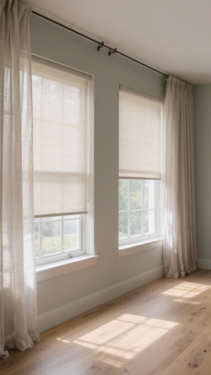 Wide shot: Windows dressed with sheer neutral panels layered over concealed blackout roller shades; slim minimal rod hardware, curtains mounted high and wide to elongate the space; sunlight diffusing softly across a calm greige wall and natural wood floor; breezy, weightless feel, photorealistic.