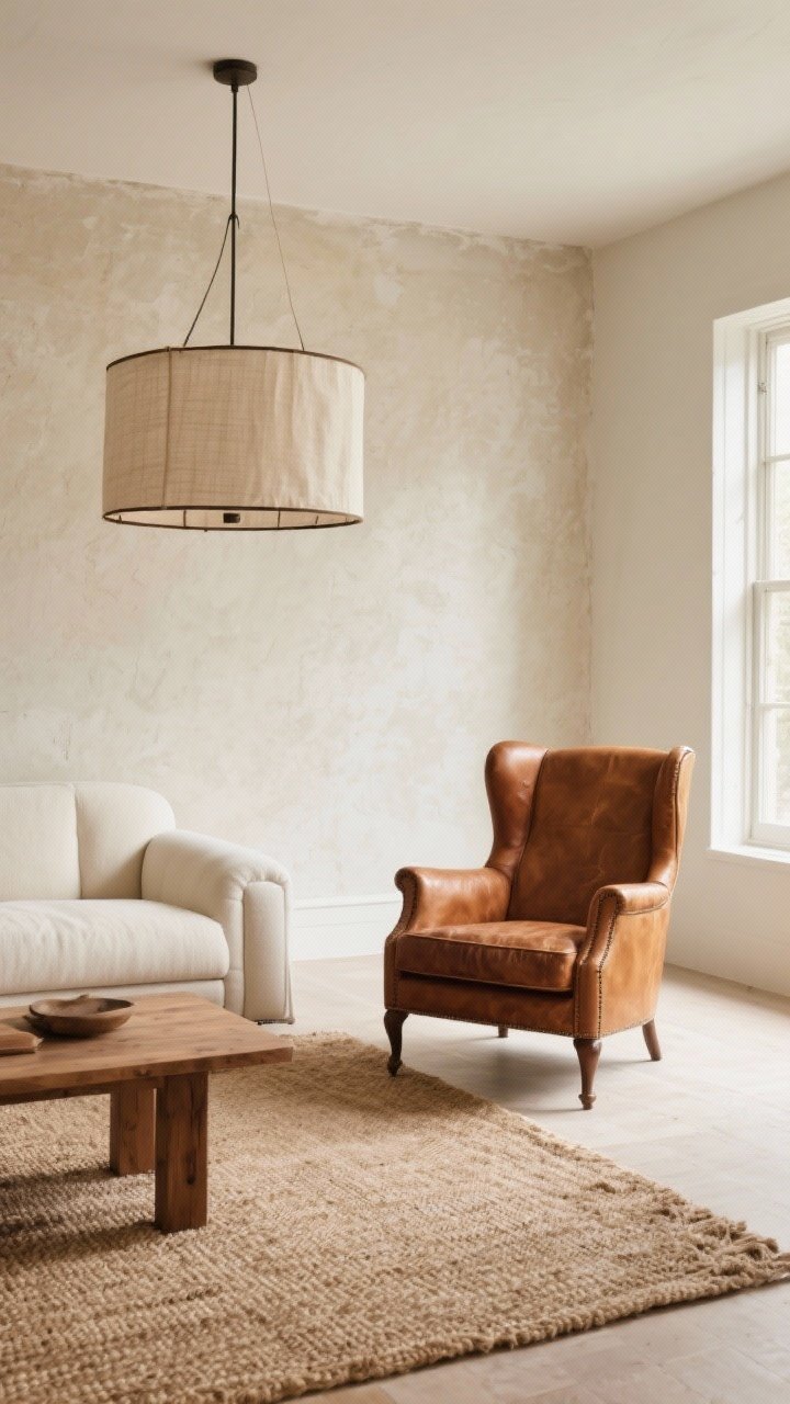Wide shot with one unexpected moment in a neutral room: a vintage cognac leather club chair as the star, paired with an overscale linen drum pendant overhead; plaster or limewash accent wall adding subtle texture; rest of the space calm with cream sofa, wood coffee table, and a large natural fiber rug; warm, inviting light, photorealistic drama without bold color.