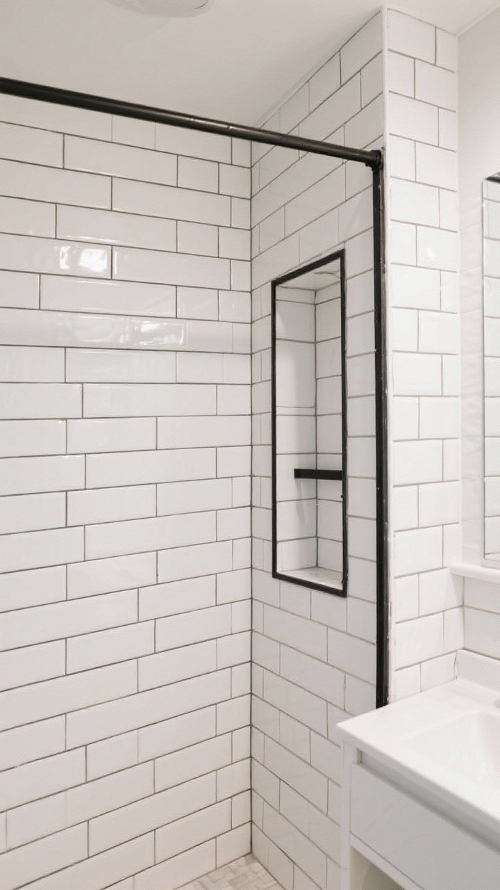 Wide shower wall shot: Fresh take on white subway tile—vertically stacked to the ceiling for height, with crisp black grout lines; a framed shower niche outlined with thin black metal trim; adjacent vanity wall uses horizontal subway orientation for subtle contrast; soft even lighting minimizes glare; straight-on composition emphasizing layout and grout contrast.