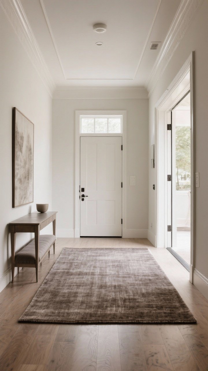 Wide, straight-on foyer shot showcasing an oversized rug for a luxe look: a large, thin-pile rug in warm gray that frames the space while leaving 4–8 inches of floor around edges; front legs of a console and bench rest on the rug; high ceiling with echo reduced by the larger textile; door swings freely over the thin pile; balanced, upscale mood.