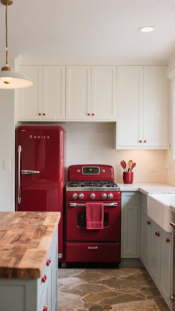 Wide, straight-on kitchen shot centered on a statement burgundy range (or retro-style fridge) against neutral cabinetry in white/cream/pale gray; natural stone or butcher block countertops to warm it up; small repeated burgundy accents (towel, utensil crock) for cohesion; balanced ambient lighting to keep the bold appliance timeless.