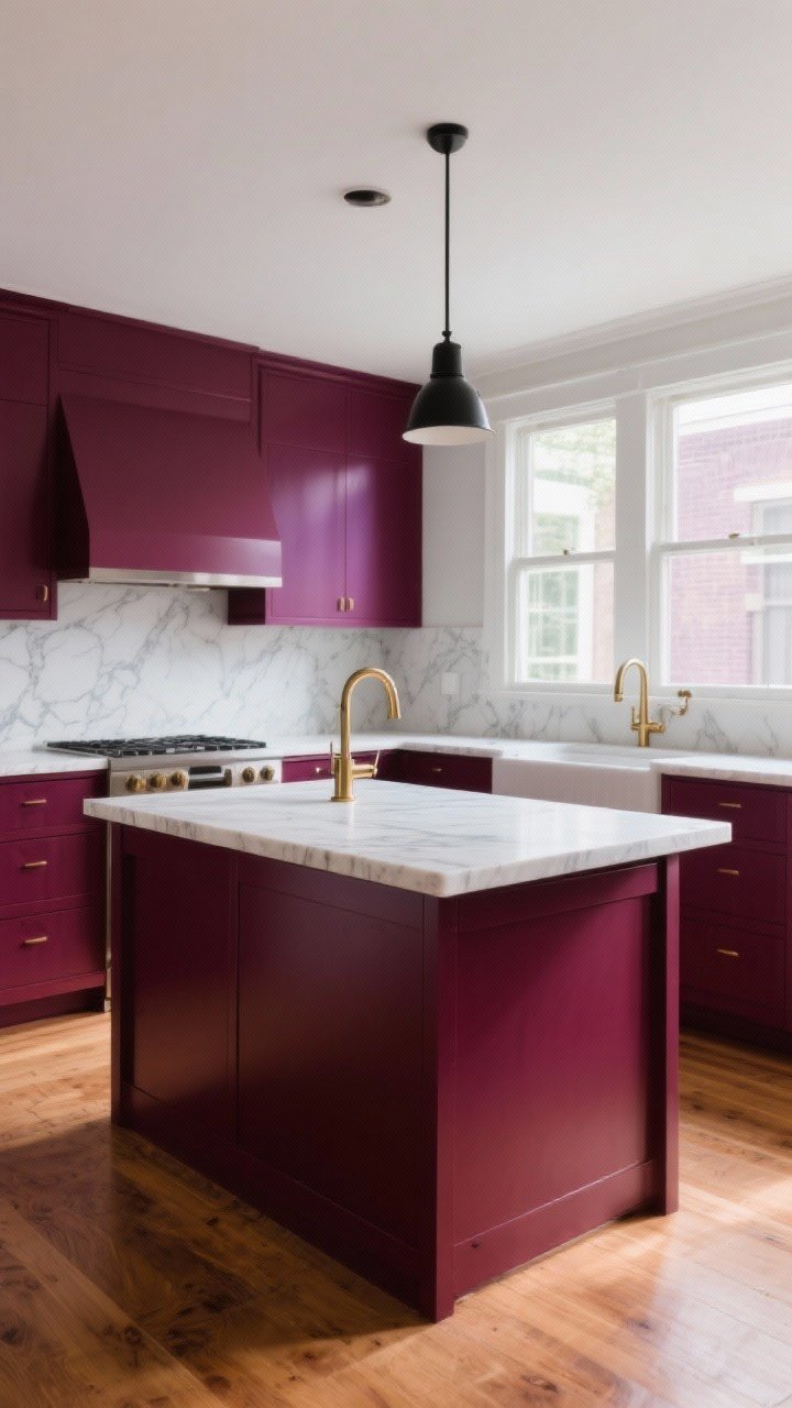 Wide, straight-on shot of a bright kitchen with a deep, moody burgundy painted island as the focal point; satin/semi-gloss finish on the island, topped with light, subtly veined marble countertops; paired with warm wood floors, brushed brass faucet, and black fixtures; soft natural morning light from side windows to highlight the rich burgundy without purple undertones; overall elegant, grounded mood with light perimeter counters to balance the depth.