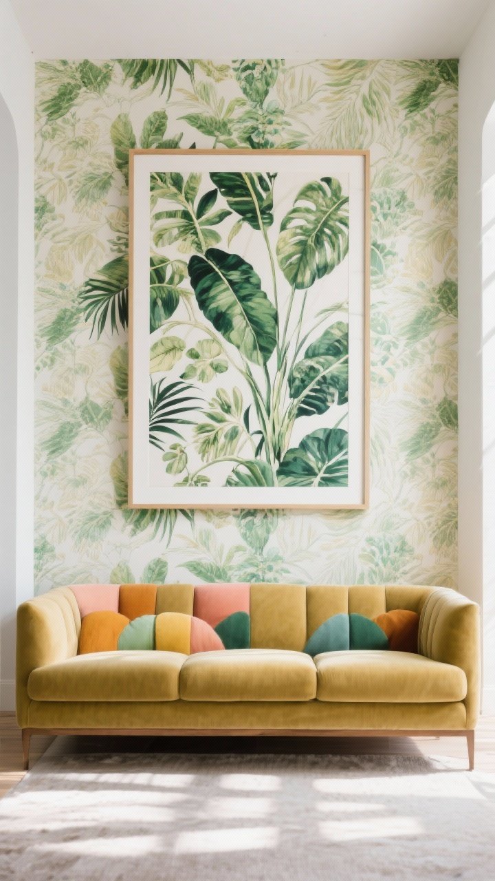 Wide, straight-on shot of a framed wallpaper panel or peel-and-stick mural directly behind the sofa; show a large-scale botanical print with fresh greens and creams, reading like oversized art; the panel is the main focal point; if the sofa is colorful, the wallpaper repeats one of its tones; clear, bright daylight to emphasize pattern and color; edges crisply framed for a refined finish.