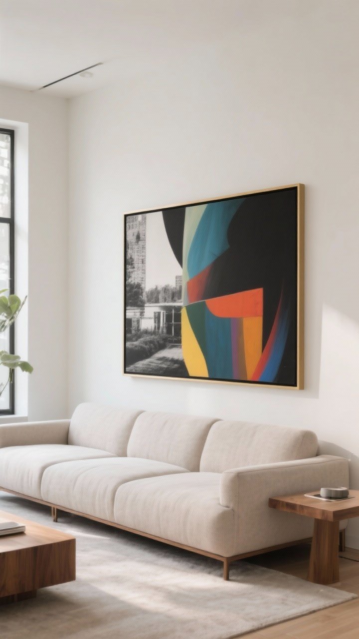Wide, straight-on shot of a modern living room with a neutral upholstered sofa; above it hangs one oversized statement artwork measuring about two-thirds the sofa’s width, either a bold abstract in saturated colors or a black-and-white photograph with a matte black frame; the art is mounted 6–8 inches above the sofa back; options for frame finish include thin brass for chic or warm wood for coziness; soft natural daylight fills the room, minimal visual clutter, balanced composition, photorealistic.