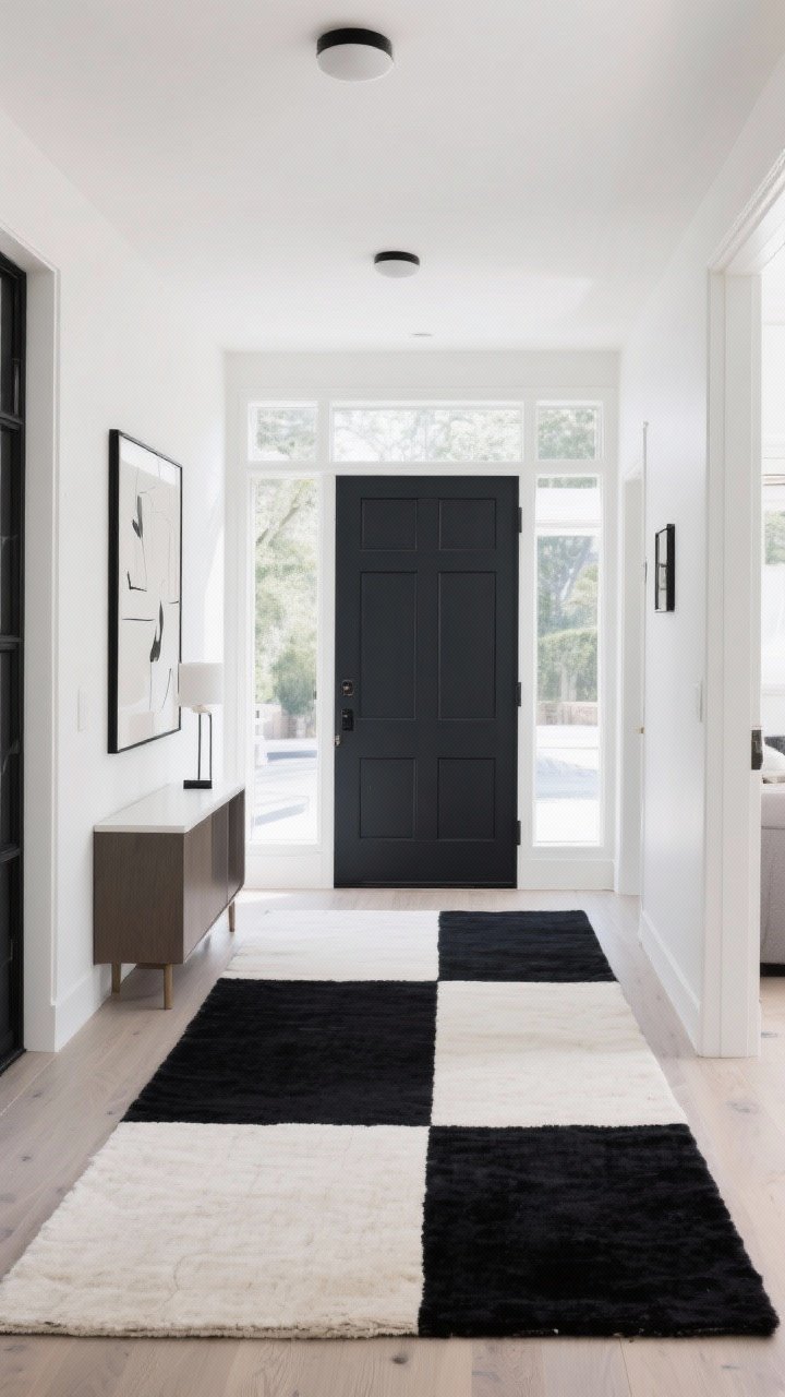 Wide, straight-on shot of an open-plan entry defined by a color-block rug: bold black-and-cream blocks create a clear “arrival” zone; one block color echoes the front door painted deep charcoal; pared-back furniture—simple console and minimal art—lets the graphic rug lead; even natural light maintains crisp edges and modern feel.