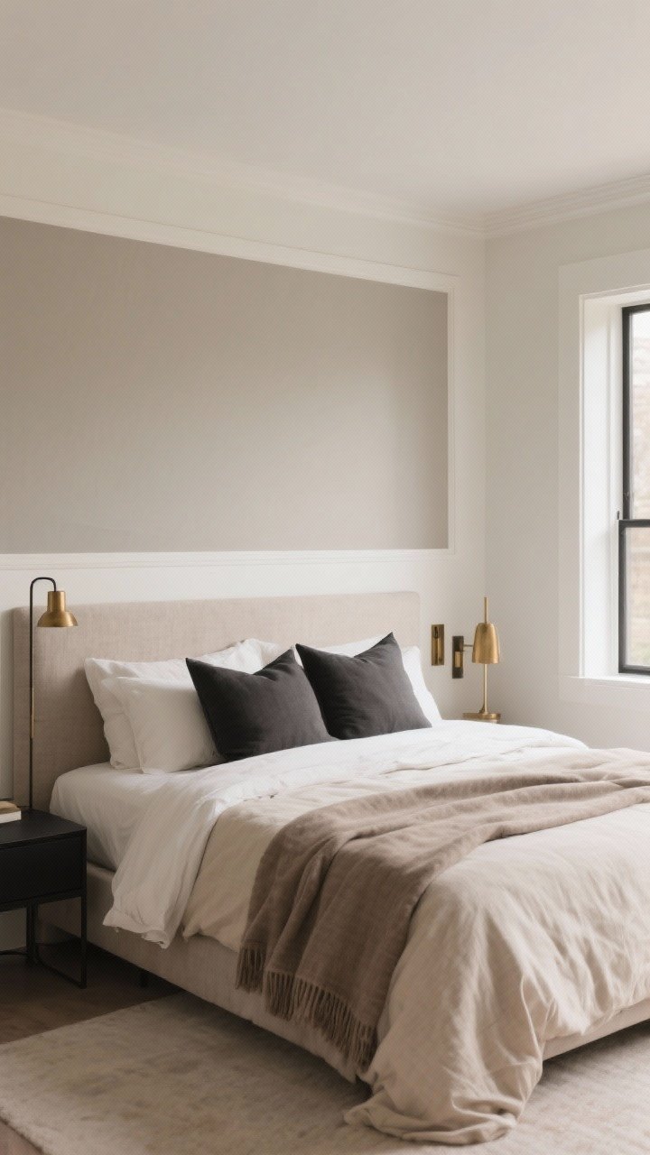 Wide, straight-on shot of an organic modern bedroom showcasing a calm, earthy palette: soft greige walls, warm white trim, bedding in sand and bone, taupe linen throw, subtle charcoal accents in pillows and thin black frames; brushed black and warm brass metal accents on lighting and hardware; soft morning natural light, matte finishes, no chrome, textures allowed to stand out against the soothing backdrop.