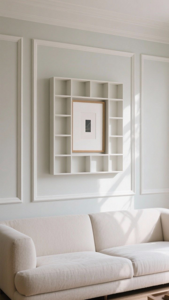 Wide, straight-on shot showcasing picture frame molding box trim installed on the wall behind the sofa; molding painted the same color as the wall for subtle texture; grid of boxes framing the sofa to create a focal point; minimal art centered to look elevated within the trim; clean, refined mood with soft diffused daylight; crisp shadows emphasize the architectural detail.