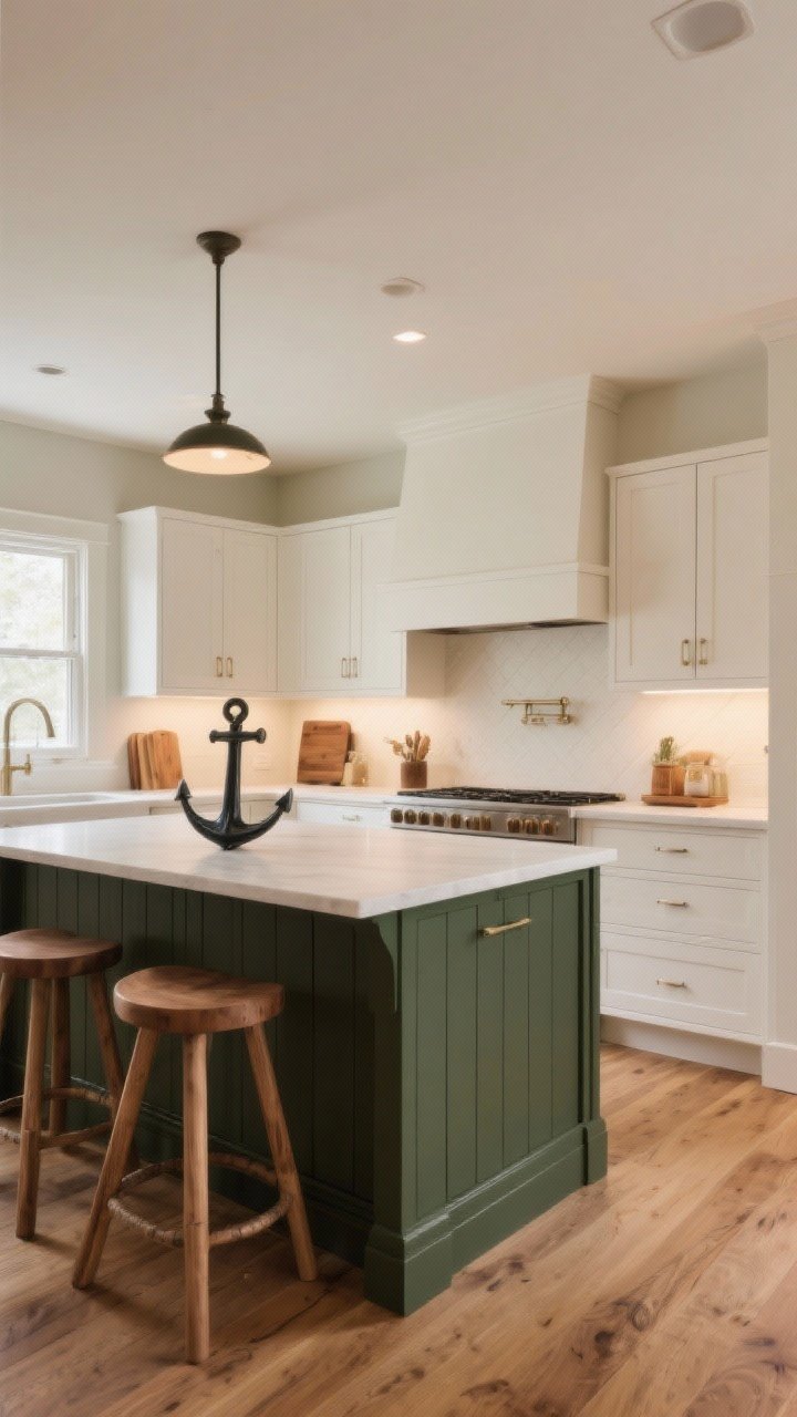Wide, straight-on view of a cozy neutral kitchen with a moody anchor: deep olive-painted island with paneled sides, light warm white walls and upper cabinets, oak stools and oak flooring; balanced with warm wood accents; warm white lighting (2700–3000K) creating a soft, inviting ambience, photorealistic.