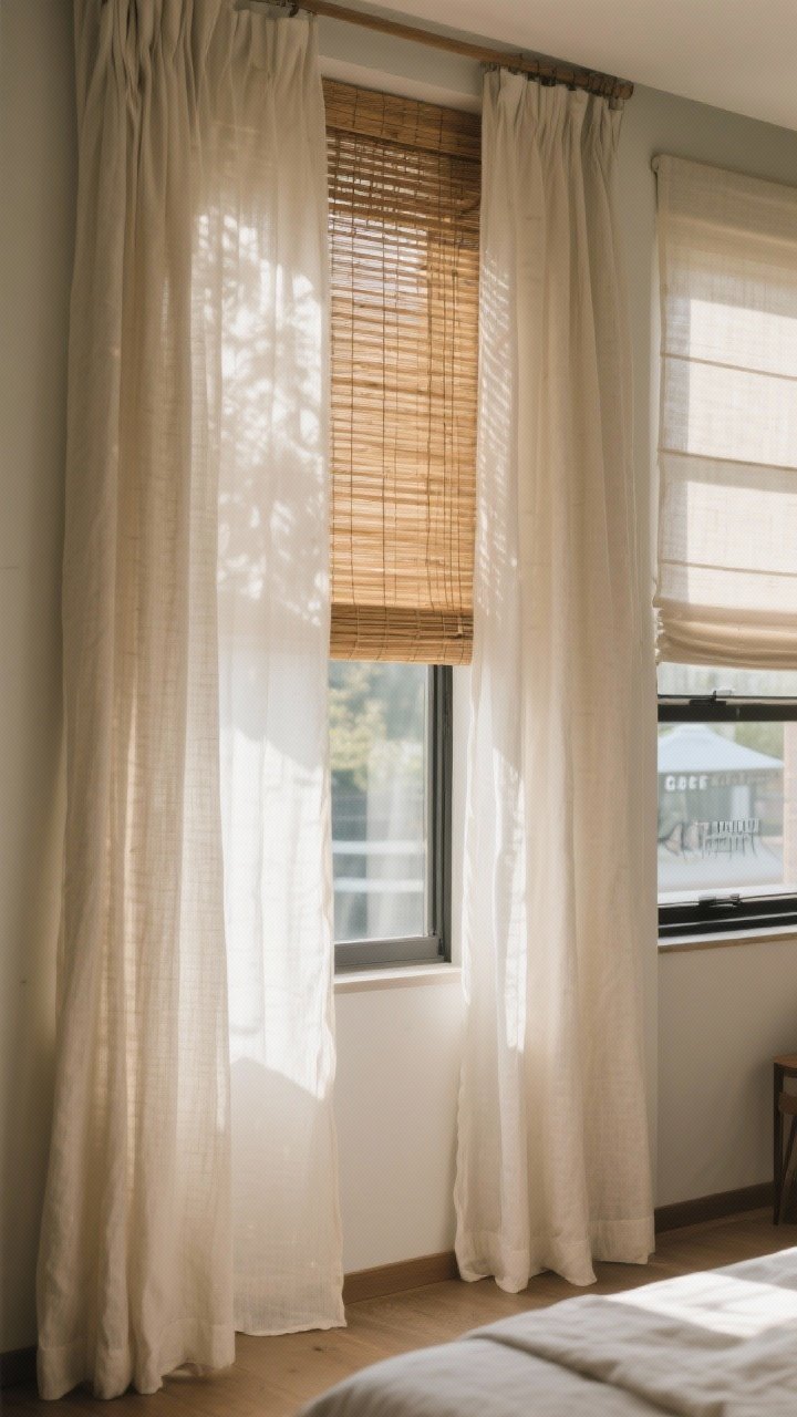 Window-focused medium shot: linen curtain panels hung high and wide over bamboo shades, filtering gentle morning light into the room; nearby wall shows a hint of sheers with a discreet blackout roller behind; café curtains visible on an adjacent smaller window; airy, movement-filled scene, no harsh blinds; no people.