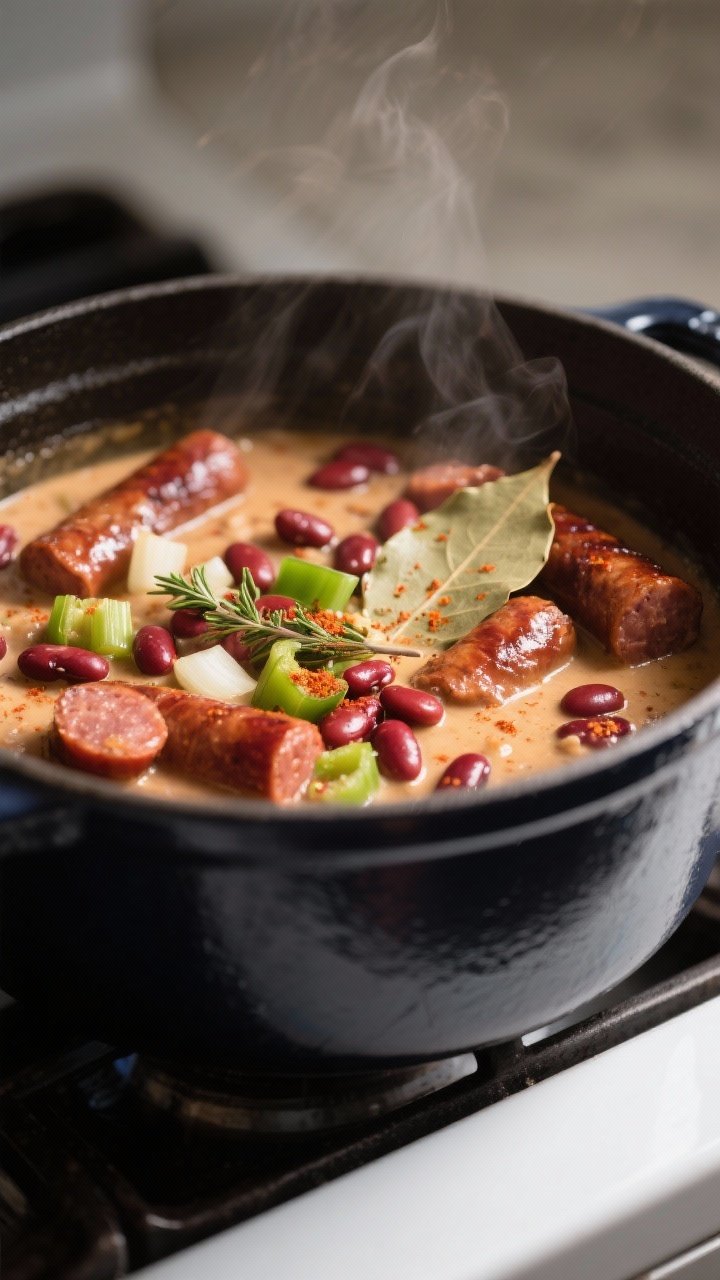 Close-up cooking process: A Dutch oven on the stovetop with red beans and browned andouille sausage 