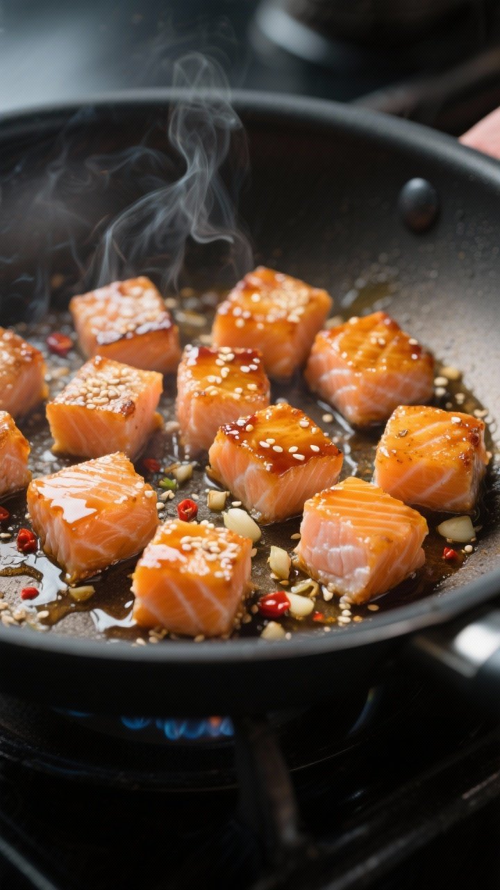 Close-up cooking process shot: Bite-sized salmon cubes searing in a wide nonstick skillet over mediu