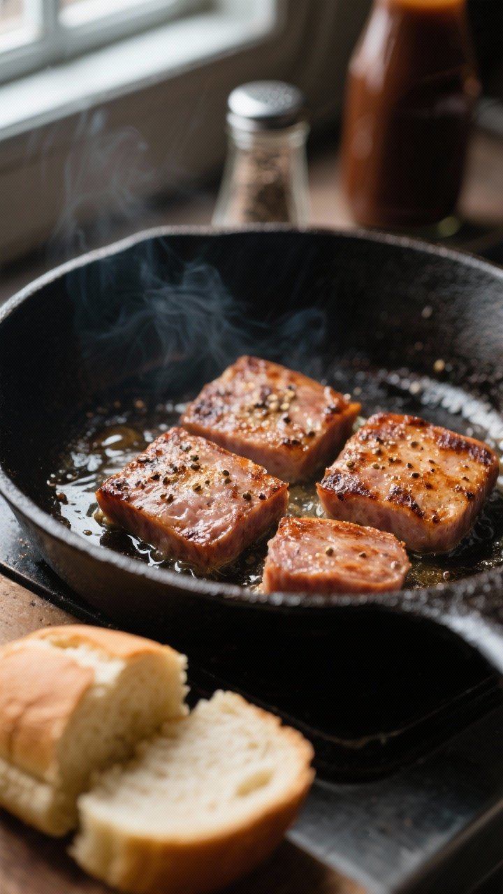 Close-up cooking process: Square (Lorne) sausage slices sizzling in a cast-iron skillet over medium 