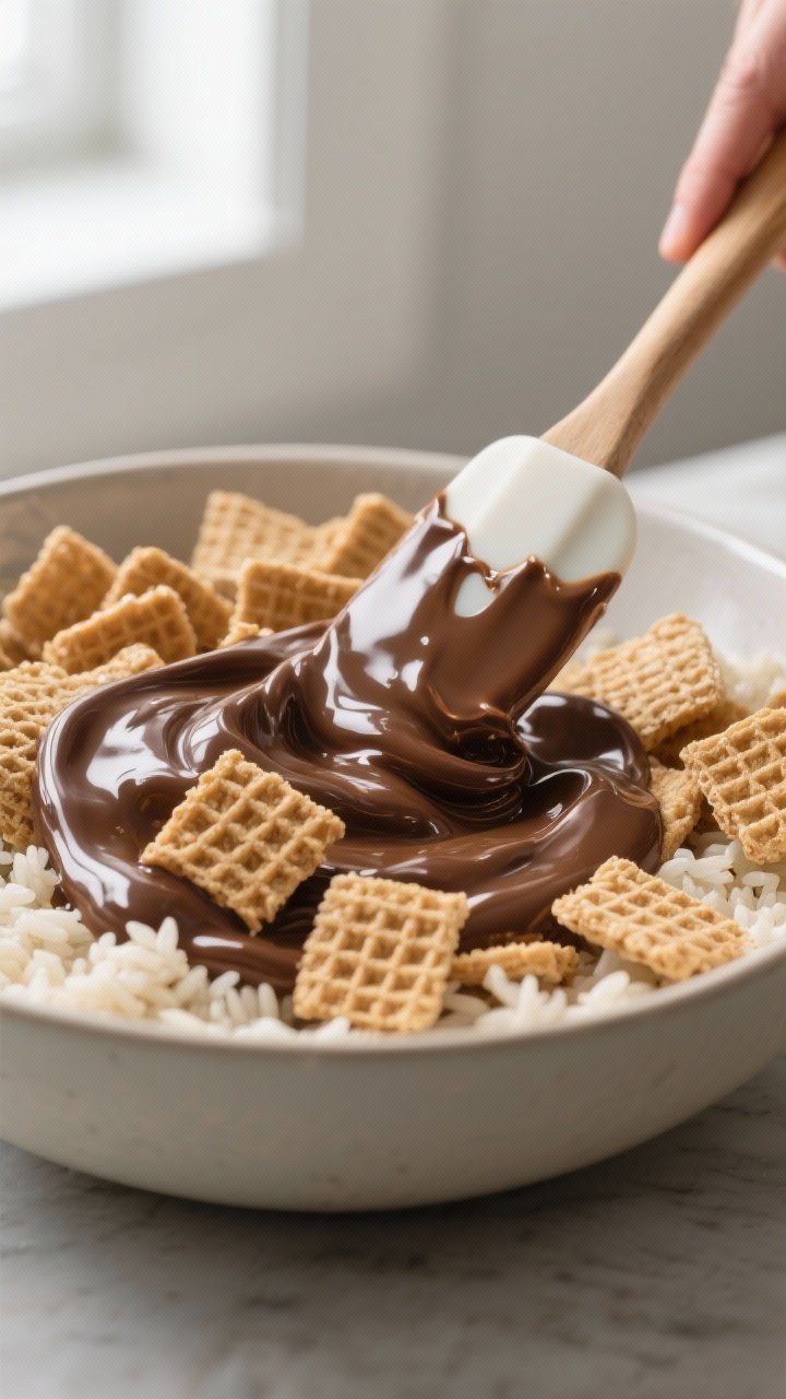 Close-up cooking process: Warm, glossy chocolate–peanut butter coating being gently folded over ri