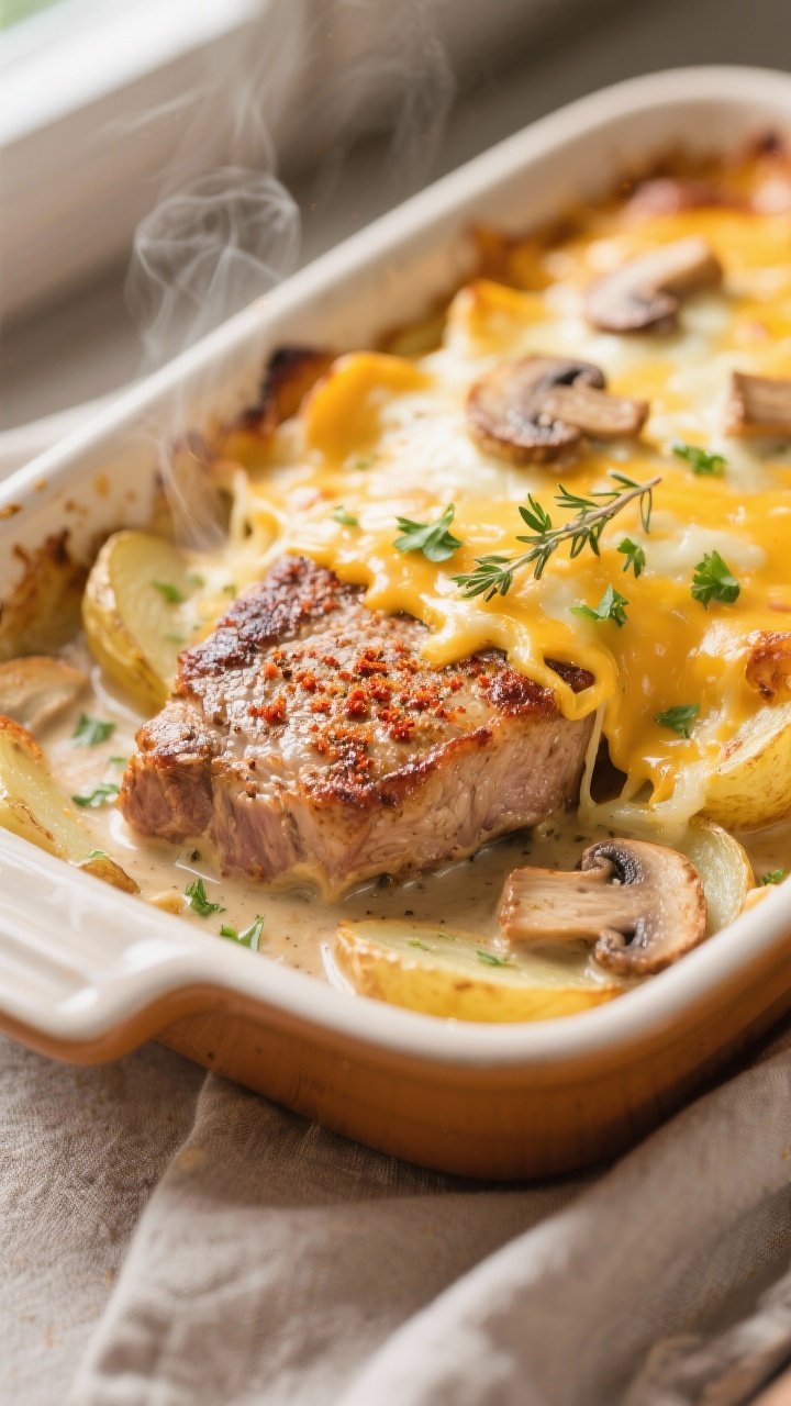 Close-up detail: A bubbling, golden-topped cheesy pork chop casserole just out of the oven, showing 