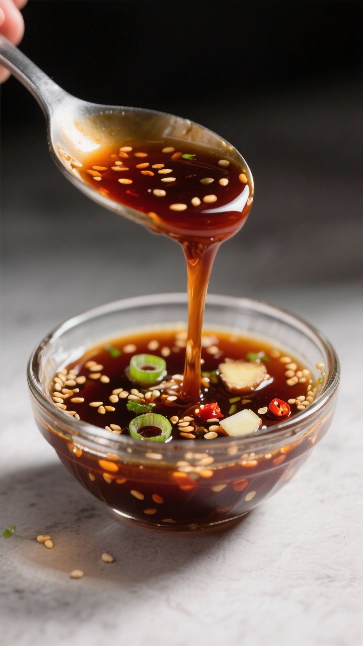 Close-up detail: A glossy soy-sesame poke sauce being whisked to a silky sheen in a small glass bowl