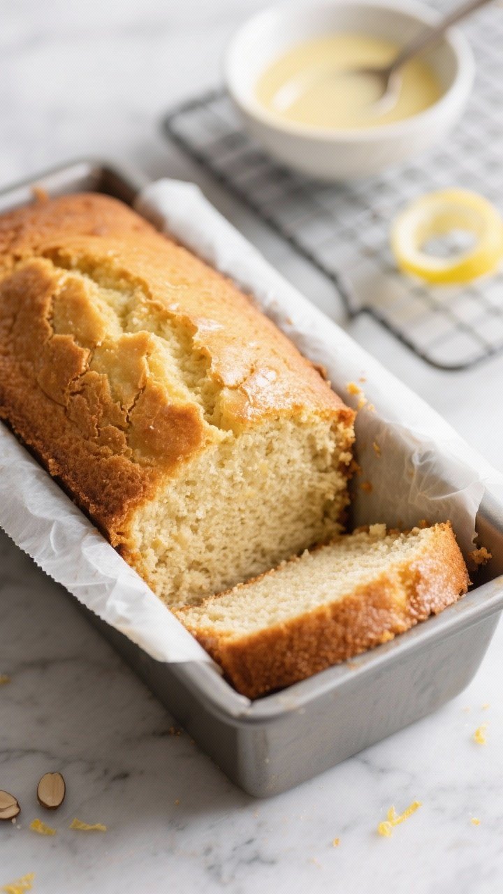 Close-up detail and process: Lemon keto pound cake loaf just out of the oven, still in the parchment