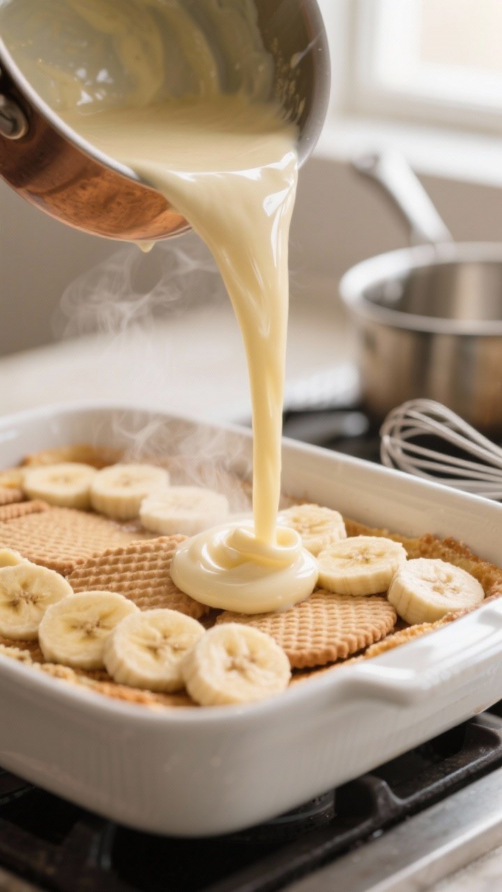 Close-up detail and process: Thick, glossy stovetop vanilla custard being poured in a silky ribbon o