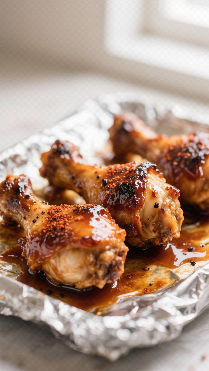 Close-up detail: Broiled BBQ chicken drumsticks fresh from the oven, sticky and glossy with carameli