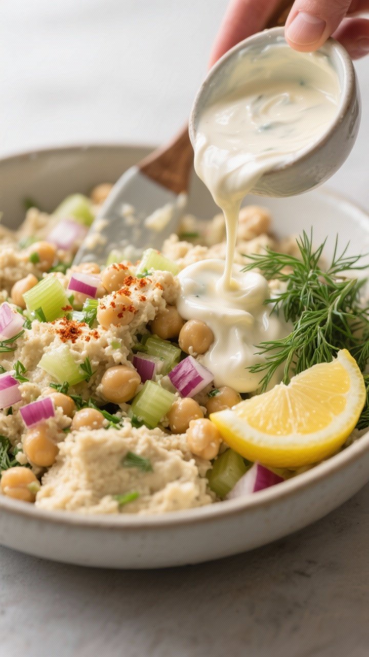 Close-up detail, cooking process: A bowl of mashed chickpea salad mid-mix, showing a mostly mashed b