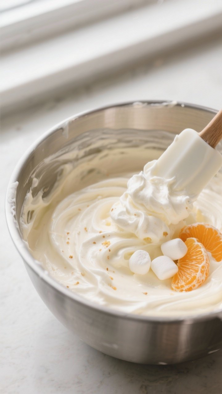 Close-up detail, cooking process: A chilled stainless-steel mixing bowl filled with the creamy fluff