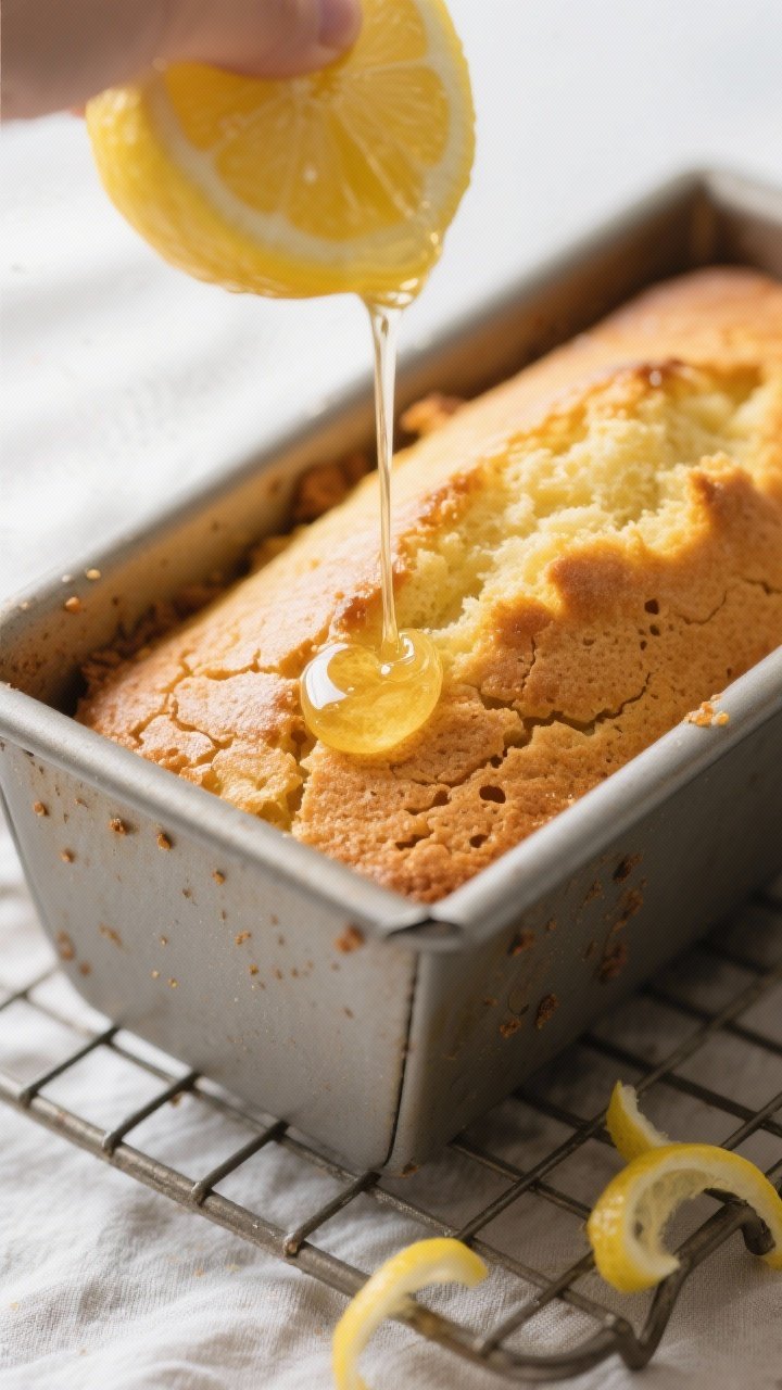 Close-up detail, cooking process: A freshly baked Italian lemon pound cake still in a 9x5 loaf pan, 