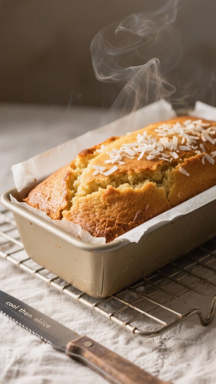 Close-up detail, cooking process: A golden coconut loaf just out of the oven, still in a parchment-l