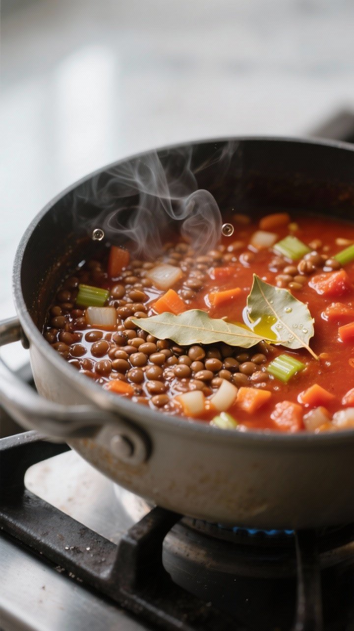 Close-up detail/cooking process: A heavy pot on the stovetop at a gentle simmer, showing glossy, ten