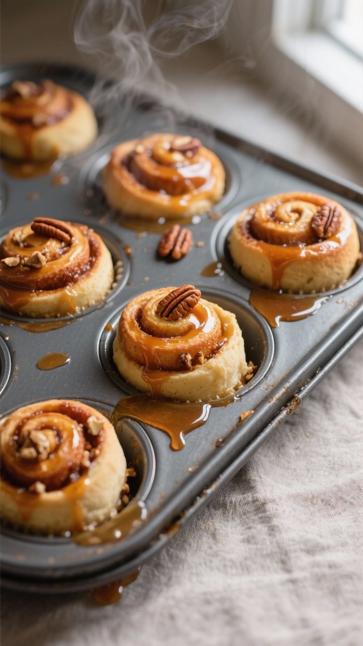 Close-up detail, cooking process: A muffin tin just pulled from the oven with mini sticky cinnamon b