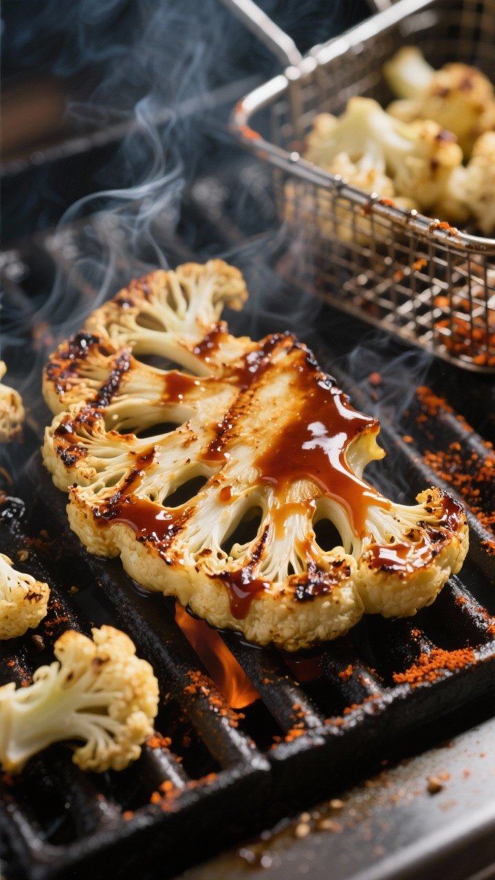 Close-up detail, cooking process: BBQ-glazed cauliflower steaks sizzling on a hot grill, medium-high