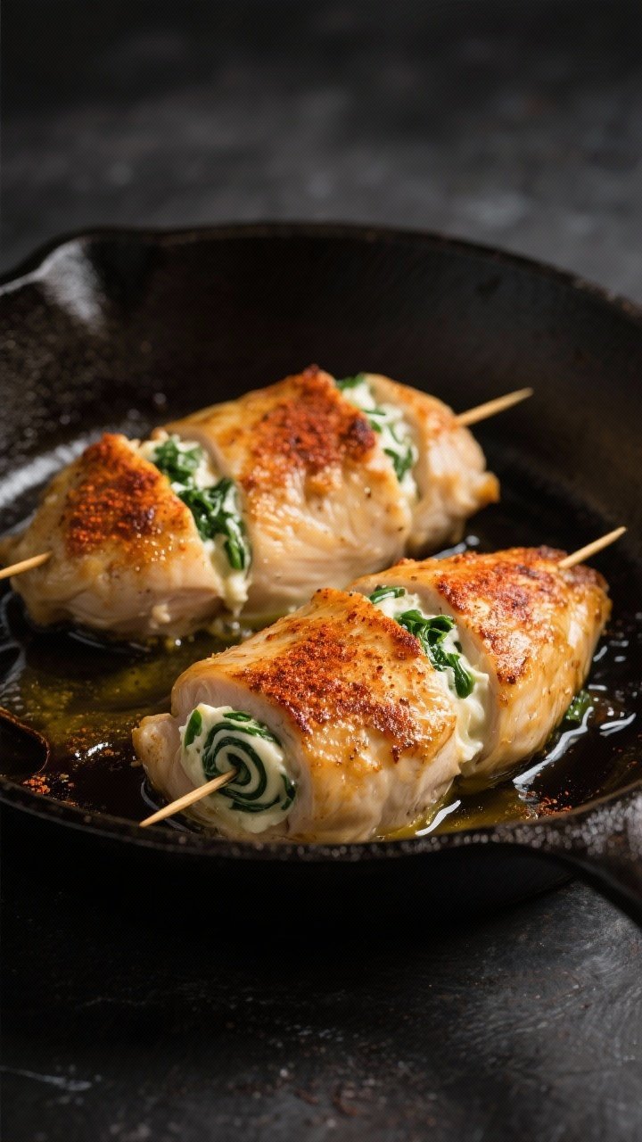 Close-up detail, cooking process: Golden-seared cream cheese stuffed chicken breasts in an oven-safe