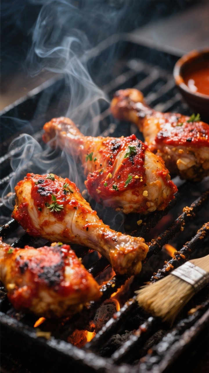 Close-up detail, cooking process: Juicy tandoori chicken thighs and drumsticks sizzling on a grill o