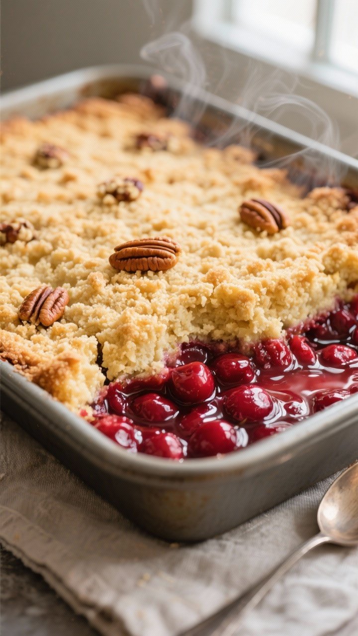 Close-up detail: Freshly baked cherry dump cake just out of the oven, tight shot of the golden, butt