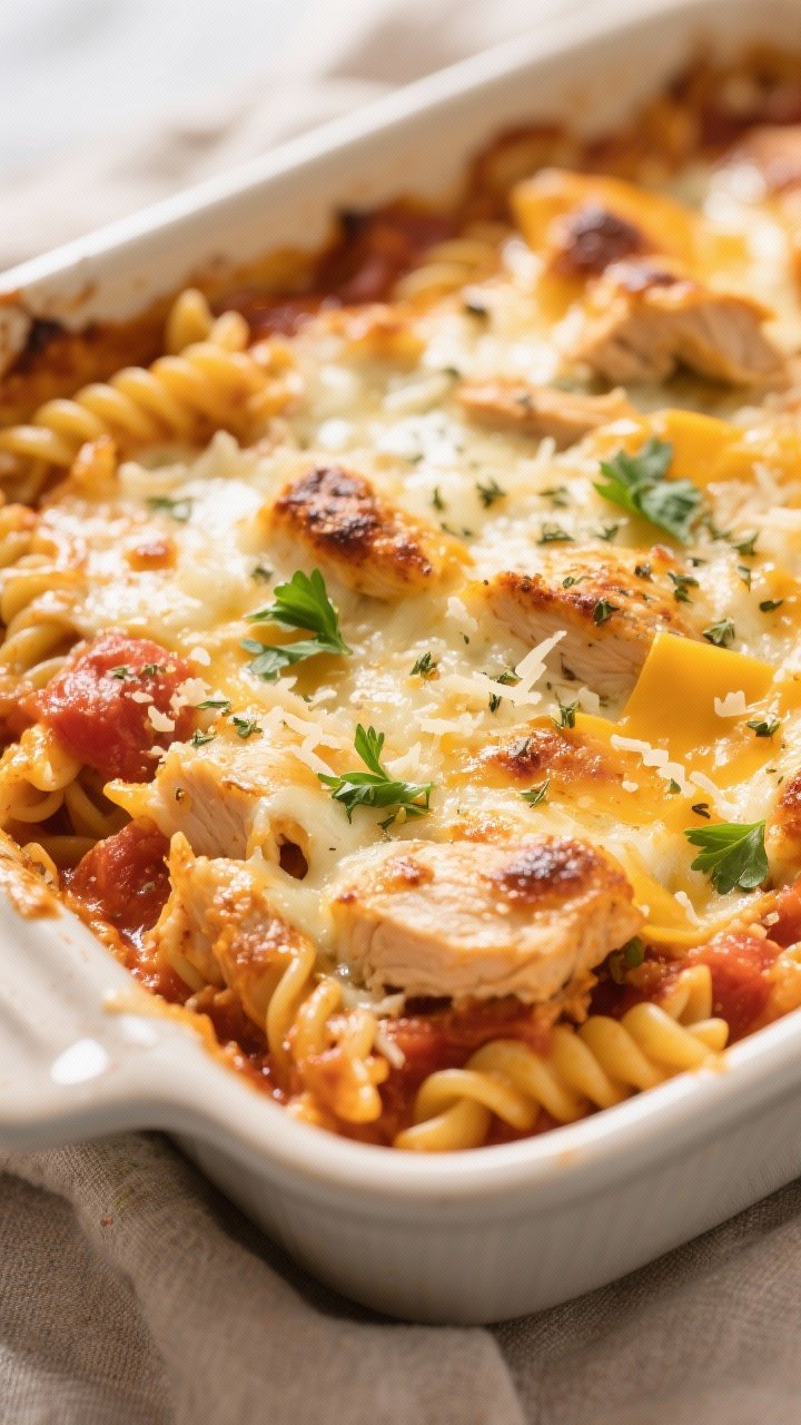 Close-up detail: Golden, bubbling Cheesy Chicken Pasta Bake just pulled from the oven, showing crisp